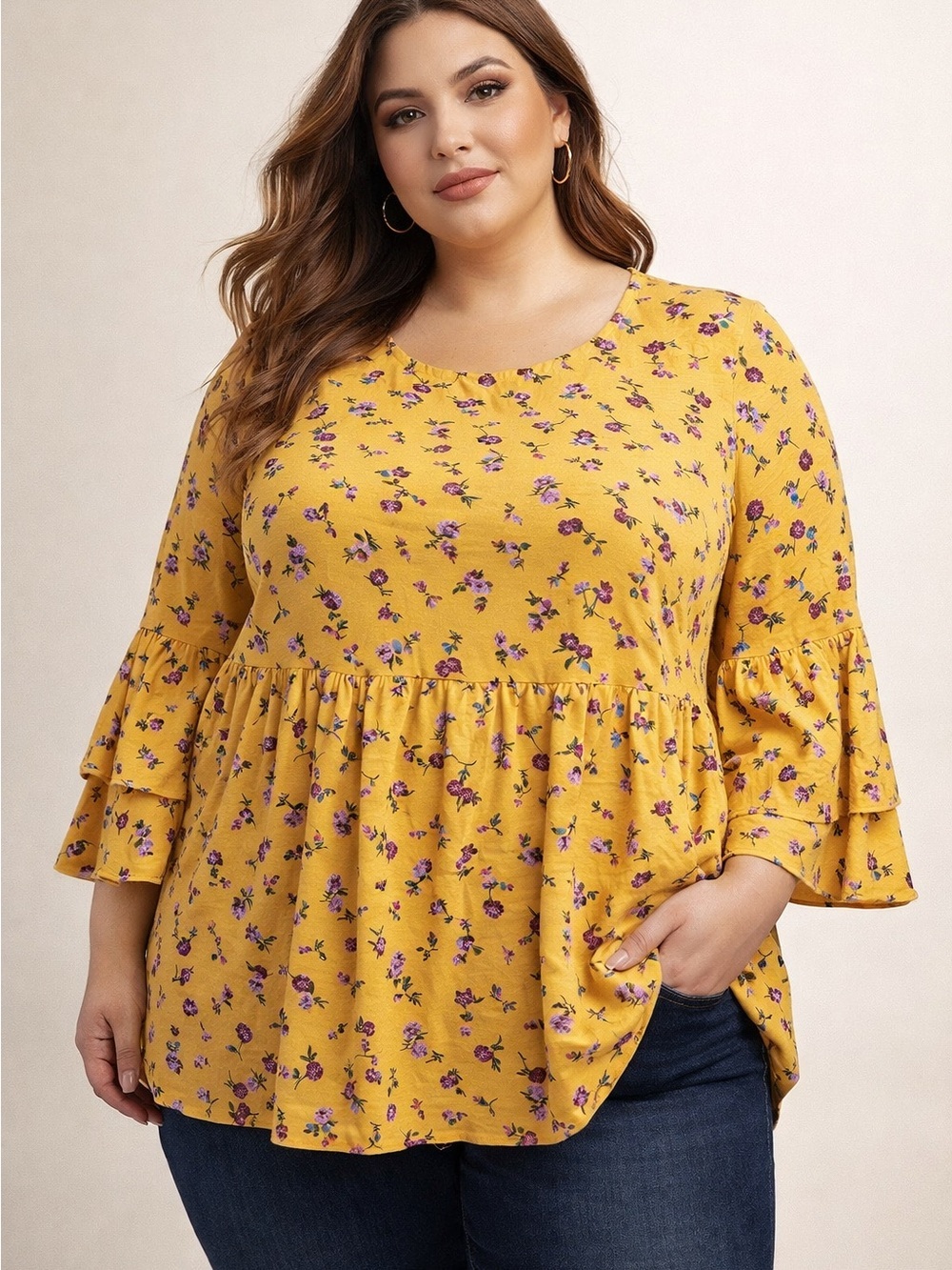 Suzanne Betro Boho Yellow Floral Ruffle-Sleeve Tunic 2X